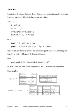 ,                             9 "           7 "                4            "                ,       "                  "
                     ,              ,    "7           " . "7"                            "    "

    " E

                 E        CUE %UD
                 E        CJE %JD
                     "         CUD ∩          "         CJD S ∅
         7 E RUE %UI JE %JT −> $

         E

         ? C I I 7D E                        CUE %UI JE %JD
         ? C I I 7D S R, ∪                            Y , ∈ I ∈ I 7C, ∪ D S 6 "T

             "                               "                           ,               "    , "7"               7?             ,
                               "                  ' "               4                "

8         E

                         @ C I I U S JD ≡ ? C I I 7
                          ?                                                              C9D 9 U S 9 JD

HU                   J                            "             ,       "7                                    "        , "

         4               , E
                                    Sommet1                 Face
                                     Everest                N                        Sommet2              Altitude
 equi_join(                          Manaslu                S                ,       Everest 8848                    ,
                                    Hidden Peak NO                                   Manaslu 8163
                                     Manaslu                O

                                                         Sommet1             Face Sommet2                     Altitude
                                                          Everest N                          Everest 8848
Sommet1 = Sommet2) =
                                                          Manaslu S                          Manaslu 8163
                                                          Manaslu O                          Manaslu 8163




@A                       5 "             $                          "                        ''       "                              +
 
