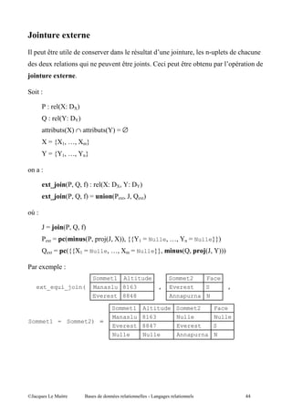 9
    ,       >              "               .                                 9 "             I       ,              !
             4             "       "       , .       > 9 "              ",             >             ,          ,   "
?                    9

    " E

            E         CUE %UD
             E           CJE %JD
                 "         CUD ∩       "       CJD S ∅
        U S RU(I NI U T
        J S RJ(I NI J T

        E

            9 @ C I I 7D E
               ?                           CUE %UI JE %JD
            9 @ C I I 7D S
               ?                                 C   4I   AI   4D


HE

        AS ? C I I 7D
            4    S         C       C I , 9CA UDDI RRJ( S NulleI NI J S NulleTTD
                                            I
             4       S     CRRU( S NulleI NI U S NulleTTI                              C I       ? I JDDD
                                                                                                 CA

        4            , E
                                       Sommet1        Altitude           Sommet2                  Face
     ext_equi_join(                    Manaslu 8163                 ,    Everest                 S          ,
                                       Everest 8848                      Annapurna N

                                                Sommet1 Altitude Sommet2                             Face
                                                Manaslu 8163     Nulle                               Nulle
Sommet1 = Sommet2) =
                                                 Everest 8847                  Everest               S
                                                 Nulle         Nulle           Annapurna N




@A                   5 "           $                      "         ''             "                                ++
 