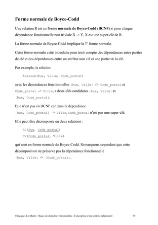 1               7+
B                   "                                                                1            7+           C1+6 D " ,              !
    ,                       7       "                              "."       U  JI U                                  ,

        7                                       $ :                     " ,"                       7

                7                                     "             " ,                   "            ,                       ,           ,    "
                                ,                                            "                                     ,           "

            4       , I                     "

            Adresse(Rue, Ville, Code_postal)

.                       ,                       7         "              {Rue, Ville}  Code_postal

Code_postal  VilleI                                           4                     "             {Rue, Ville}
{Rue, Code_postal}

3                       ,           $           ;                            ,
{Rue, Code_postal}  VilleI Code_postal                                                                        ,                   ,

3           ,       >                       ,                       4            "       E

            RC(Rue, Code_postal)

            CV(Code_postal, Ville)

    "                       7                                 $ :                                                      ,
                , ""                    ,           . ,                  ,                    7        "
{Rue, Ville}  {Code_postal}.




@A                  5 "         $                              "                         ,"                !               "               /-
 