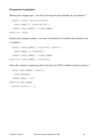 '                    ! !

9      <         $         =

    SELECT L.PAYS, AVG(S.ALTITUDE)

     FROM SOMMET S, LOCALISATION L
     WHERE S.NOM_SOMMET = L.NOM_SOMMET

GROUP BY L.PAYS;

9      <         $             =


    SELECT S.NOM_SOMMET, S.ALTITUDE, COUNT(*)
      FROM SOMMET S, PREMIERE P
     WHERE S.NOM_SOMMET = P.NOM_SOMMET

GROUP BY S.NOM_SOMMET, S.ALTITUDE;

                                   *       %>
                                            5"   (

    SELECT NOM_SOMMET, COUNT(*)
      FROM PREMIERE

     WHERE ANNEE = 1975

GROUP BY NOM_SOMMET

    HAVING COUNT(*) > 1;




@A         5 "             $           "         &
 
