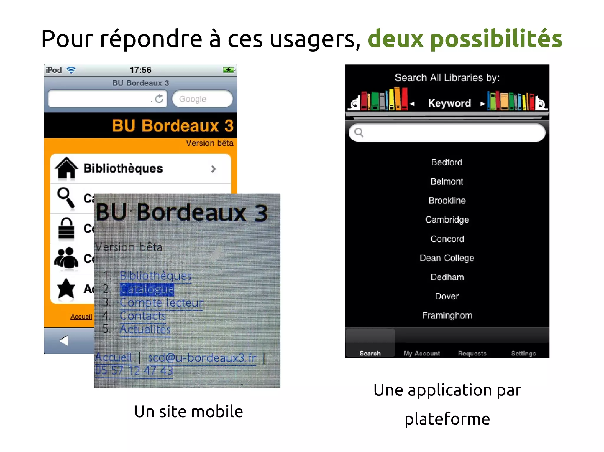 Pour répondre à ces usagers, deux possibilités
Une application par
Un site mobile plateforme