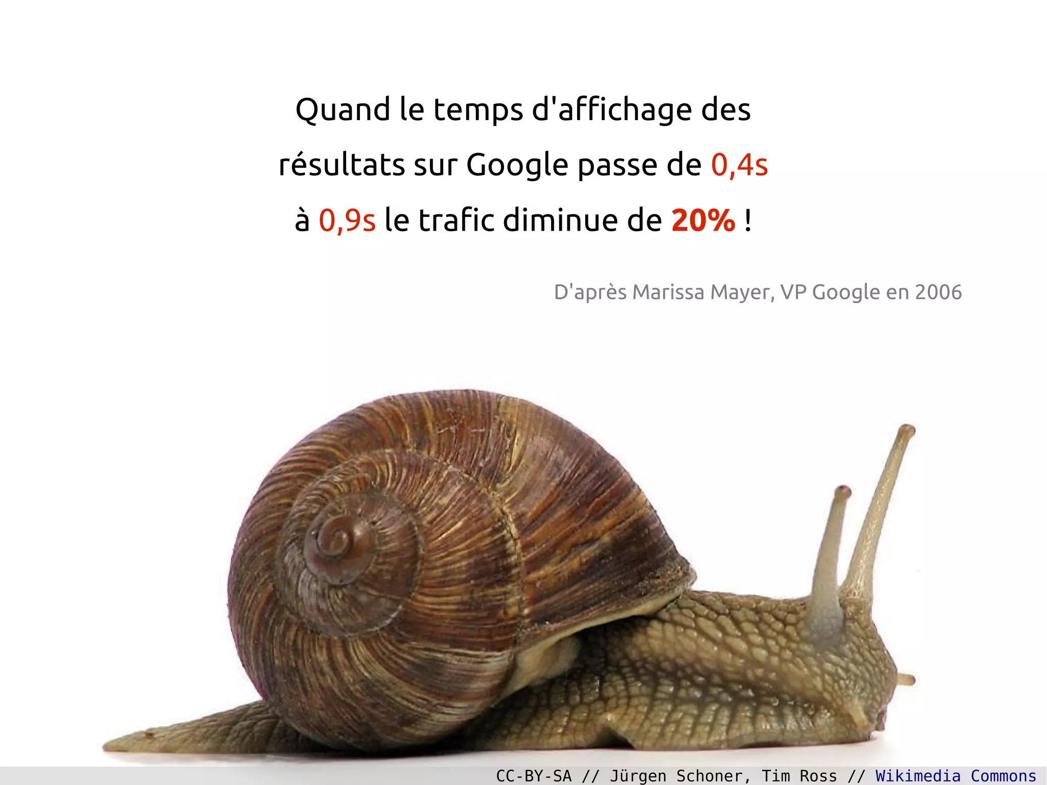 Quand le temps d'affichage des
résultats sur Google passe de 0,4s
à 0,9s le trafic diminue de 20% !
D'après Marissa Mayer, VP Google en 2006
CC-BY-SA // Jürgen Schoner, Tim Ross // Wikimedia Commons