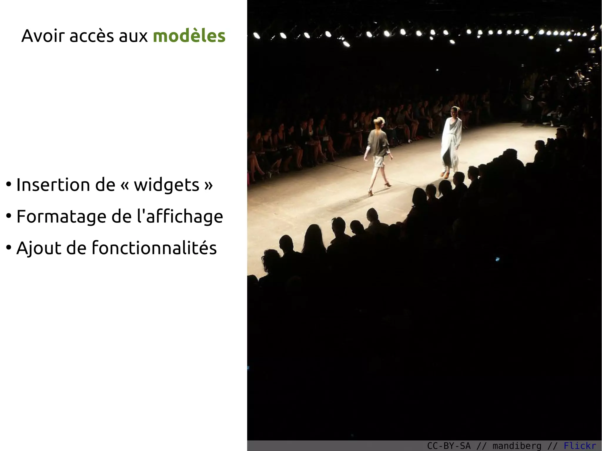 Avoir accès aux modèles
●
Insertion de « widgets »
●
Formatage de l'affichage
●
Ajout de fonctionnalités
CC-BY-SA // mandiberg // Flickr