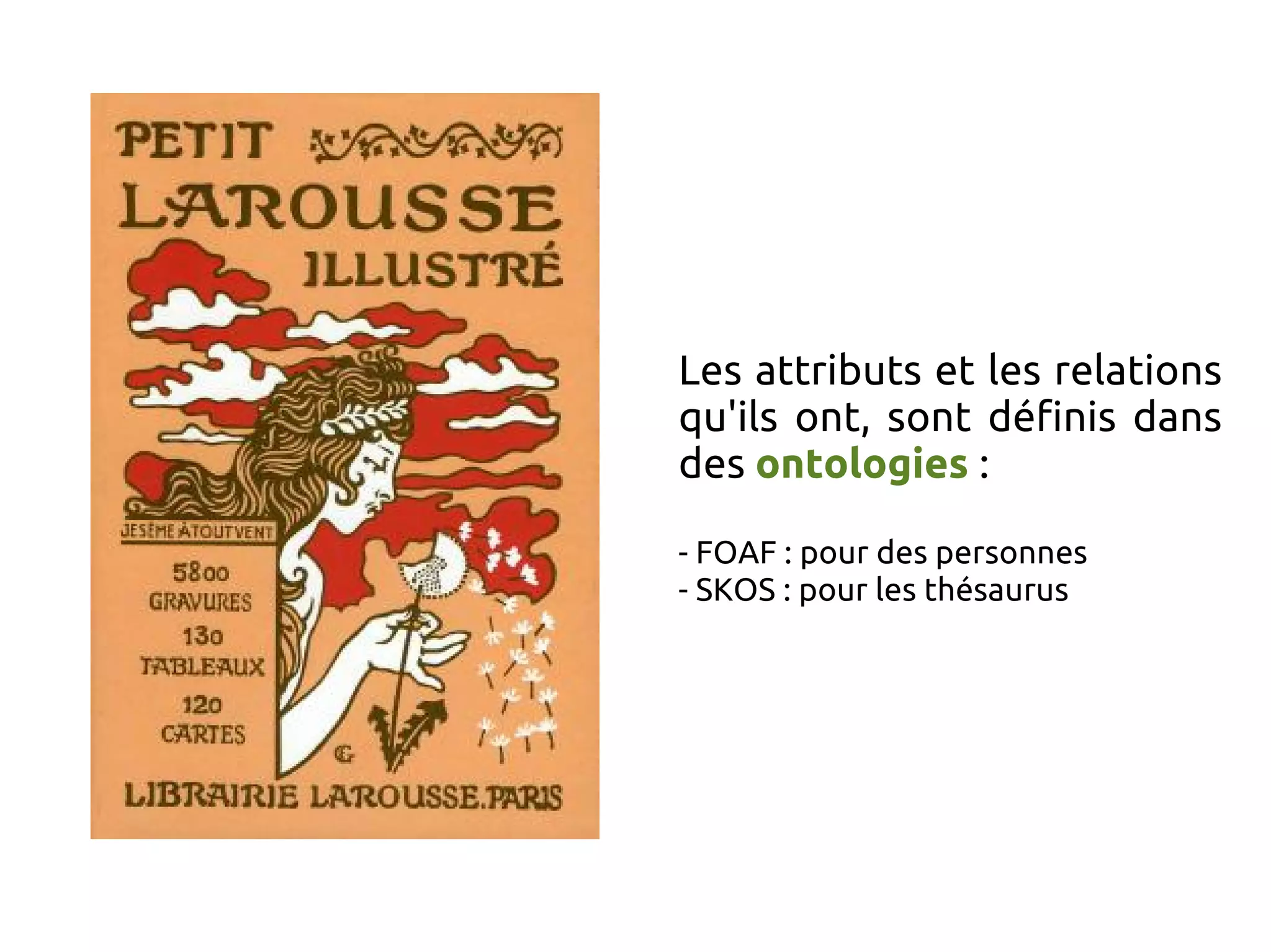 Les attributs et les relations
qu'ils ont, sont définis dans
des ontologies :
- FOAF : pour des personnes
- SKOS : pour les thésaurus