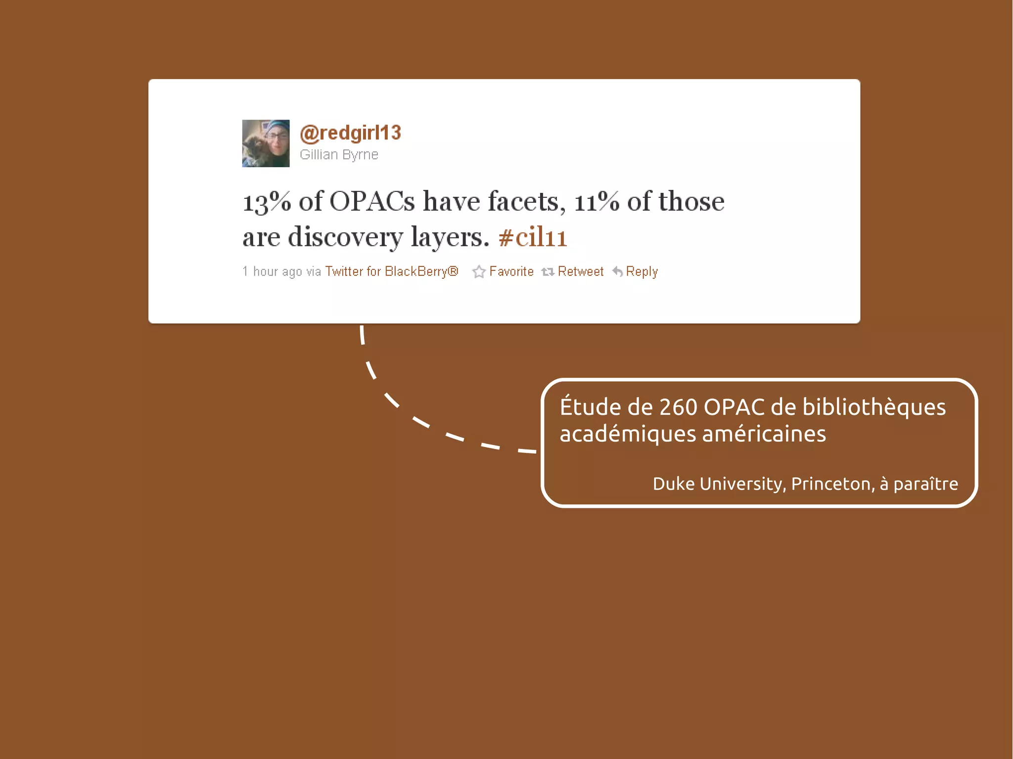 Étude de 260 OPAC de bibliothèques
académiques américaines
Duke University, Princeton, à paraître