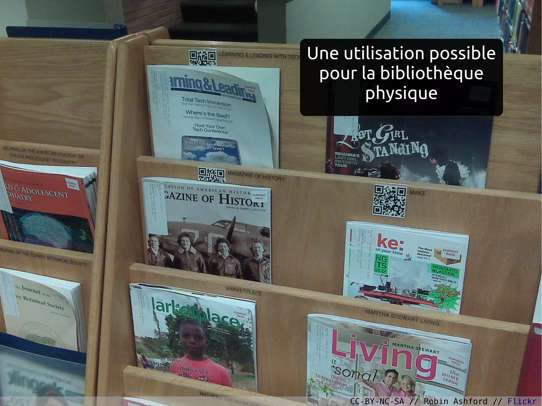Une utilisation possible
pour la bibliothèque
physique
CC-BY-NC-SA // Robin Ashford // Flickr