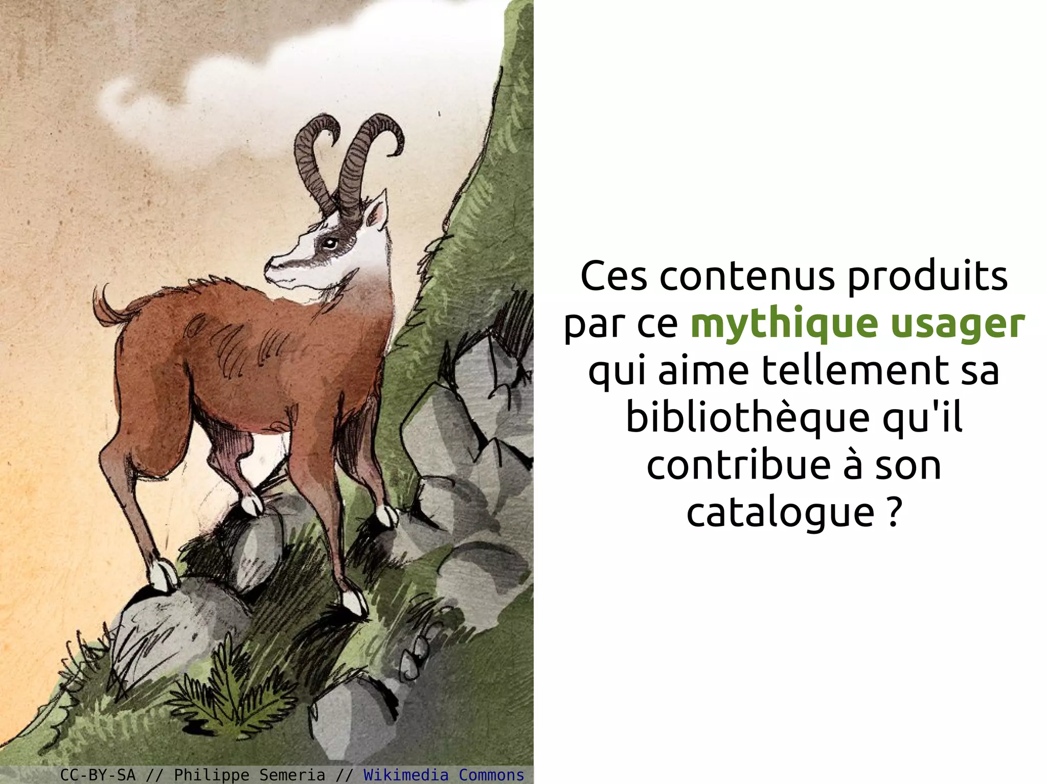 Ces contenus produits
par ce mythique usager
qui aime tellement sa
bibliothèque qu'il
contribue à son
catalogue ?
CC-BY-SA // Philippe Semeria // Wikimedia Commons