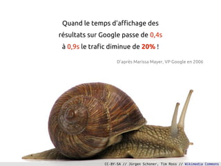 Quand le temps d'affichage des
résultats sur Google passe de 0,4s
 à 0,9s le trafic diminue de 20% !

                     D'après Marissa Mayer, VP Google en 2006




               CC-BY-SA // Jürgen Schoner, Tim Ross // Wikimedia Commons
 