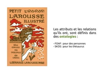 Les attributs et les relations
qu'ils ont, sont définis dans
des ontologies :

- FOAF : pour des personnes
- SKOS : pour les thésaurus
 