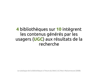 4 bibliothèques sur 10 intègrent
  les contenus générés par les
usagers (UGC) aux résultats de la
           recherche




Le catalogue de la bibliothèque à l'heure du Web 2.0 / Marc Maisonneuve (2008)
 
