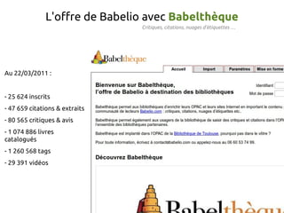 L'offre de Babelio avec Babelthèque
                                Critiques, citations, nuages d'étiquettes …




Au 22/03/2011 :


- 25 624 inscrits
- 47 659 citations & extraits
- 80 565 critiques & avis
- 1 074 886 livres
catalogués
- 1 260 568 tags
- 29 391 vidéos
 