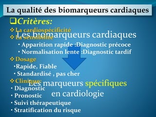 La qualité des biomarqueurs cardiaques
Les biomarqueurs cardiaques
Les marqueurs spécifiques
en cardiologie
Critères:
La cardiospécificité
La sensibilité
• Apparition rapide :Diagnostic précoce
• Normalisation lente :Diagnostic tardif
Dosage
•Rapide, Fiable
• Standardisé , pas cher
Clinique:
• Diagnostic
• Pronostic
• Suivi thérapeutique
• Stratification du risque
 