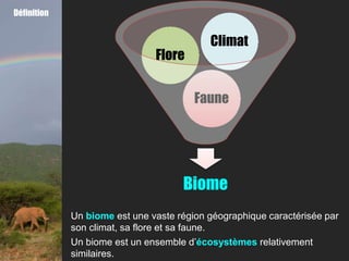 Définition


                                           Climat
                               Flore


                                        Faune




                                     Biome
             Un biome est une vaste région géographique caractérisée par
             son climat, sa flore et sa faune.
             Un biome est un ensemble d’écosystèmes relativement
             similaires.
 