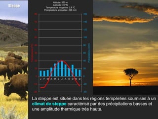 Altitude: 550 m
Steppe                                           Latitude: 49 ºN
                                        Température moyenne: 2,8 ºC
                                       Précipitations annuelles: 298 mm
                             80                                           160


                             70                                           140


                             60                                           120


                             50                                           100




                                                                                Précipitations (mm)
         Températures (ºC)




                             40                                           80


                             30                                           60


                             20                                           40


                             10                                           20


                              0                                           0
                                   J   F M A M J       J   A S O N D

                             -10                                          -20


                             -20                                          -40


                La steppe est située dans les régions tempérées soumises à un
                climat de steppe caractérisé par des précipitations basses et
                une amplitude thermique très haute.
 