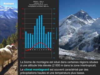 Altitude: 1 560 m
Montagne                                           Latitude: 46 ºN
                                          Température moyenne: 2,8 ºC
                                         Précipitations annuelles: 999 mm
                               80                                           160


                               70                                           140


                               60                                           120


                               50                                           100




                                                                                  Précipitations (mm)
           Températures (ºC)




                               40                                           80


                               30                                           60


                               20                                           40


                               10                                           20


                                0                                           0
                                     J   F M A M J       J   A S O N D

                               -10                                          -20


                               -20                                          -40


                Le biome de montagne est situé dans certaines régions situées
                à une altitude très élevée (2 000 m dans la zone intertropical).
                Le climat montagnard est souvent caractérisé par des
                précipitations hautes et une température plus basse.
 