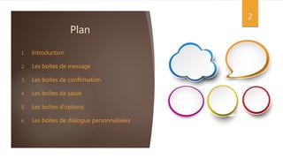 Plan
1. Introduction
2. Les boîtes de message
3. Les boîtes de confirmation
4. Les boîtes de saisie
5. Les boîtes d’options
6. Les boîtes de dialogue personnalisées
2
 
