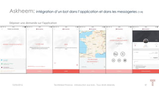 Askheem: intégration d’un bot dans l’application et dans les messageries (1/4)
15/05/2016 Techlinked Finance - Introduction aux bots - Tous droits réservés 47
Déposer une demande sur l’application
 