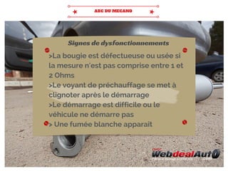 >La bougie est défectueuse ou usée si
la mesure n'est pas comprise entre 1 et
2 Ohms
>Le voyant de préchauffage se met à
clignoter après le démarrage
>Le démarrage est difficile ou le
véhicule ne démarre pas
> Une fumée blanche apparaît
Signes de dysfonctionnements
 