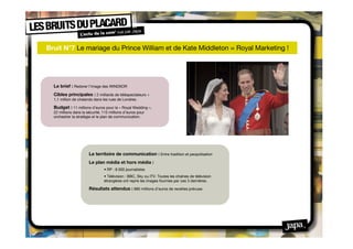 Bruit N°7 Le mariage du Prince William et de Kate Middleton = Royal Marketing !
 



  Le brief : Redorer l’image des WINDSOR
  Cibles principales : 2 milliards de téléspectateurs +
  1,1 million de chalands dans les rues de Londres.

  Budget : 11 millions d’euros pour le « Royal Wedding »,
  22 millions dans la sécurité, 115 millions d’euros pour
  orchestrer la stratégie et le plan de communication.




                       Le territoire de communication : Entre tradition et peopolisation
                       Le plan média et hors média :
                                • RP : 8 000 journalistes
                                • Télévision : BBC, Sky ou ITV. Toutes les chaînes de télévision
                                étrangères ont repris les images fournies par ces 3 dernières.

                       Résultats attendus : 685 millions d’euros de recettes prévues
 
