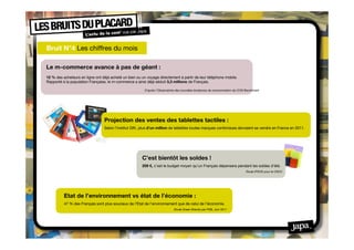 Bruit N°4 Les chiffres du mois

Le m-commerce avance à pas de géant :
12 % des acheteurs en ligne ont déjà acheté un bien ou un voyage directement à partir de leur téléphone mobile.
Rapporté à la population Française, le m-commerce a ainsi déjà séduit 3,3 millions de Français.

                                                         D'après l'Observatoire des nouvelles tendances de consommation de CCM Benchmark.




                                 Projection des ventes des tablettes tactiles :
                                 Selon l’institut GfK, plus d’un million de tablettes toutes marques confondues devraient se vendre en France en 2011.




                                                       C’est bientôt les soldes !
                                                       259 €, c’est le budget moyen qu’un Français dépensera pendant les soldes d’été.
                                                                                                                               Etude IPSOS pour le CNCC




          Etat de l’environnement vs état de l’économie :
          47 % des Français sont plus soucieux de l’Etat de l’environnement que de celui de l’économie.
                                                                             Etude Green Brands par PSB, Juin 2011
 