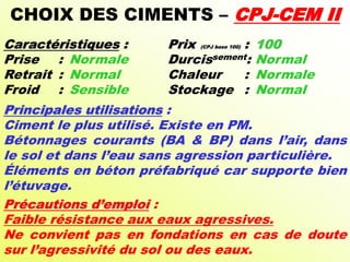 CHOIX DES CIMENTS – CPJ-CEM II
Caractéristiques : Prix (CPJ base 100) : 100
Prise : Normale Durcissement: Normal
Retrait : Normal Chaleur : Normale
Froid : Sensible Stockage : Normal
Principales utilisations :
Ciment le plus utilisé. Existe en PM.
Bétonnages courants (BA & BP) dans l’air, dans
le sol et dans l’eau sans agression particulière.
Éléments en béton préfabriqué car supporte bien
l’étuvage.
Précautions d’emploi :
Faible résistance aux eaux agressives.
Ne convient pas en fondations en cas de doute
sur l’agressivité du sol ou des eaux.
 