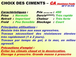 CHOIX DES CIMENTS – CA Alumineux Fondu
NF P 15 315
Caractéristiques : Prix (CPJ base 100) : 450
Prise : Normale Durcissement: Très rapide
Retrait : Important Chaleur : Très forte
Froid : Peu Sensible Stockage : Court
Principales utilisations :
Résiste très bien aux eaux agressives.
Travaux nécessitant des résistances élevées
très rapidement (1 à 2 jours).
Travaux par temps de gel, à la mer, en milieu
agressif.
Précautions d’emploi :
Éviter les climats chaud et la dessiccation.
Étuvage à proscrire. Grande masse à proscrire
 