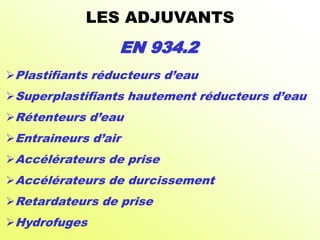 Plastifiants réducteurs d’eau
Superplastifiants hautement réducteurs d’eau
Rétenteurs d’eau
Entraineurs d’air
Accélérateurs de prise
Accélérateurs de durcissement
Retardateurs de prise
Hydrofuges
EN 934.2
LES ADJUVANTS
 