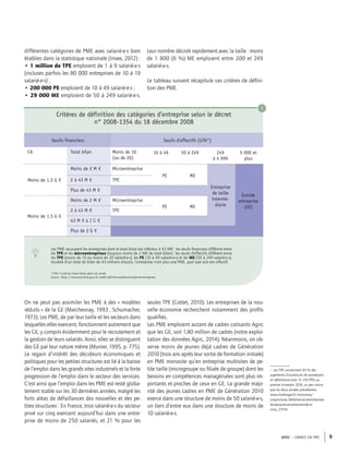 APEC – CADRES EN PME 9
différentes catégories de PME avec salarié·e·s bien
établies dans la statistique nationale (Insee, 2012) :
• 1 million de TPE emploient de 1 à 9 salarié·e·s
(incluses parfois les 80 000 entreprises de 10 à 19
salarié·e·s) ;
• 200 000 PE emploient de 10 à 49 salarié·e·s ;
• 29 000 ME emploient de 50 à 249 salarié·e·s.
Leur nombre décroît rapidement avec la taille : moins
de 1 800 (6 %) ME emploient entre 200 et 249
salarié·e·s.
Le tableau suivant récapitule ces critères de déﬁni-
tion des PME.
1
Seuils financiers Seuils d'effectifs (UTA*)
CA Total bilan Moins de 10
(ou de 20)
10 à 49 50 à 249 249
à 4 999
5 000 et
plus
Moins de 1,5 G €
Moins de 2 M € Microentreprise
PE ME
Entreprise
de taille
intermé-
diaire
Grande
entreprise
(GE)
2 à 43 M € TPE
Plus de 43 M €
Moins de 1,5 G €
Moins de 2 M € Microentreprise
PE ME
2 à 43 M € TPE
43 M € à 2 G €
Plus de 2 G €
Les PME recoupent les entreprises dont le total bilan est inférieur à 43 M€ : les seuils ﬁnanciers diffèrent entre
les TPE et les microentreprises (toujours moins de 2 M€ de total bilan) ; les seuils d’effectifs diffèrent entre
les TPE (moins de 10 ou moins de 20 salarié·e·s), les PE (10 à 49 salarié·e·s) et les ME (50 à 249 salarié·e·s).
Au-delà d’un total de bilan de 43 millions d’euros, l’entreprise n’est plus une PME, quel que soit son effectif.
Critères de définition des catégories d’entreprise selon le décret
n° 2008-1354 du 18 décembre 2008
*UTA = unité de travail temps plein par année
Source : https://www.economie.gouv.fr/cedef/deﬁnition-petites-et-moyennes-entreprises
On ne peut pas assimiler les PME à des « modèles
réduits » de la GE (Marchesnay, 1993 ; Schumacher,
1973). Les PME, de par leur taille et les secteurs dans
lesquelles elles exercent, fonctionnent autrement que
les GE, y compris évidemment pour le recrutement et
la gestion de leurs salariés. Ainsi, elles se distinguent
des GE par leur nature même (Munier, 1995, p. 775).
Le regain d’intérêt des décideurs économiques et
politiques pour les petites structures est lié à la baisse
de l’emploi dans les grands sites industriels et la forte
progression de l’emploi dans le secteur des services.
C’est ainsi que l’emploi dans les PME est resté globa-
lement stable sur les 30 dernières années, malgré les
forts aléas de défaillances des nouvelles et des pe-
tites structures7
. En France, trois salarié·e·s du secteur
privé sur cinq exercent aujourd’hui dans une entre-
prise de moins de 250 salariés, et 21 % pour les
seules TPE (Cottet, 2010). Les entreprises de la nou-
velle économie recherchent notamment des proﬁls
qualiﬁés.
Les PME emploient autant de cadres cotisants Agirc
que les GE, soit 1,80 million de cadres (notre exploi-
tation des données Agirc, 2014). Néanmoins, on ob-
serve moins de jeunes déjà cadres de Génération
2010 (trois ans après leur sortie de formation initiale)
en PME monosite qu’en entreprise multisites de pe-
tite taille (microgroupe ou ﬁliale de groupe) dont les
besoins en compétences managériales sont plus im-
portants et proches de ceux en GE. La grande majo-
rité des jeunes cadres en PME de Génération 2010
exerce dans une structure de moins de 50 salarié·e·s,
un tiers d’entre eux dans une structure de moins de
10 salarié·e·s.
7. Les TPE concentrent 93 % des
jugements d’ouvertures de procédures
en défaillance (soit 15 218 TPE) au
premier trimestre 2016, un peu moins
que les deux années précédentes.
www.challenges.fr/economie/
conjoncture/defaillances-d-entreprises-
les-tpe-pme-se-redressent-de-la-
crise_27574
 