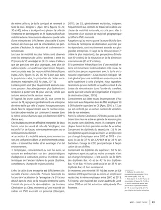 APEC – CADRES EN PME 43
de même taille ou de taille contiguë, et rarement la
taille la plus « éloignée » (Apec, 2015, ﬁgures 10, 20,
30 et 40), même si les répondants placent la taille de
l’entreprise en dernier parmi les 11 facteurs décisifs de
mobilité externe. Nous notons néanmoins que la taille
d’une entreprise est difﬁcilement dissociable d’autres
facteurs de choix que sont la rémunération, les pers-
pectives d’évolution, la réputation et la dimension in-
ternationale.
Les taux de mobilité les plus faibles sont observés
entre les entreprises de tailles « extrêmes », entre les
PE (moins de 50 salariés) et les GE. On notera d’ailleurs
que ces parcours sont plus atypiques, avec plus de
cadres experts – ces cadres occupent moins fréquem-
ment un poste avec des responsabilités hiérarchiques
(Apec, 2015, ﬁgures 16, 26, 36, 4618
) alors que, dans
la population cadre, la proportion de cadres enca-
drants est majoritaire à 65 % (Apec, 2011b).
Certains proﬁls sont plus fréquemment associés à cer-
tains parcours : les cadres jeunes et plus diplômés ont
tendance à quitter une PE pour une GE, tandis que
certains seniors font le parcours inverse.
À l’opposé, les jeunes cadres de GE, tout comme les
seniors de PE, rejoignent généralement une entreprise
de même taille que celle d’origine. Nous pouvons sans
doute faire le rapprochement avec le nombre impor-
tant de cadres mobiles qui continuent à exercer dans
le même secteur d’activité que précédemment (70 %
d’entre eux).
Ces résultats peuvent en effet être interprétés de deux
façons, celui du salarié et celui de l’employeur, non
exclusifs l’un de l’autre, voire complémentaires ou se
renforçant mutuellement :
• Le candidat à la mobilité externe, consciemment ou
non, est conﬁant en ciblant un environnement compa-
rable – il connaît les limites et les avantages d’un tel
environnement.
• l’employeur, consciemment ou non lui aussi, se
rassure en embauchant sur des caractéristiques
d’adaptation à la structure, voire sur les mêmes carac-
téristiques de l’ancien titulaire du poste (diplôme,
compétences, champs de responsabilités).
Enﬁn, la taille d’une entreprise est difﬁcilement dis-
sociable d’autres éléments. Prenons l’exemple du
facteur de « localisation de l’entreprise », le 3e
facteur
décisif dans le choix de la nouvelle entreprise après
l’intérêt du poste et la rémunération. Les données
Génération du Céreq montrent qu’une majorité de
cadres en PME exercent en province (Bourgain,
2017). Les GE, généralement multisites, intègrent
fréquemment aux contrats de travail des cadres une
clause de mobilité nationale, et cela peut aller à
l’encontre d’un souhait de stabilité géographique
qu’offre la PME monosite.
Rappelons qu’au moins quatre facteurs décisifs dans
le choix de l’entreprise de destination, exprimés par
les répondants, sont intuitivement associés aux plus
grandes entreprises. Il s’agit de la rémunération (2e
critère le plus important), des perspectives d’évolu-
tion (6e
critère), de la réputation et de la dimension
internationale (8e
et 9e
critères).
Si la promotion hiérarchique lors d’une mobilité ex-
terne est minoritaire, la rémunération et le niveau de
satisfaction perçue augmentent avec la taille de la
nouvelle organisation19
. Cela pourrait expliquer l’at-
trait général pour une mobilité vers une entreprise de
taille supérieure à celle d’origine. Nous rappelons
néanmoins qu’une mobilité sur quatre conduit à une
baisse de rémunération dans l’année du transfert,
quelle que soit la taille de l’organisation d’origine et
de destination (Apec, 2015).
Contrairement aux idées reçues, les perspectives d’évo-
lution sont aussi fréquentes dans les PME employant 50
à 249 salarié·e·s que dans les GE (Apec, 2016, p. 13), ce
qui est conforté par un certain nombre de verbatims
tirés de nos entretiens.
Parmi la cohorte Génération 2010 des jeunes qui dé-
butent donc leur vie active en période de récession, plus
les jeunes sont diplômés, moins ils changent d’em-
ployeur durant les trois premières années de vie active.
Concernant les diplômés du secondaire : 35 % des
non-diplômés ayant occupé au moins un emploi n’ont
pas changé d’employeur entre 2010 et 2013 – c’est
aussi le cas de 37 % des CAP-BEP et de 39 % des
bacheliers. L’usage de CDD peut participer à l’expli-
cation de ces chiffres.
Concernant les diplômés du supérieur : 58 % des
ingénieurs ayant occupé au moins un emploi n’ont
pas changé d’employeur – c’est aussi le cas de 50 %
des diplômés Bac +5 et de 42 % des diplômés
Bac +3 et Bac +4 hors santé-social et de 37 % des
diplômés Bac +2 hors santé-social.
En moyenne, une minorité (41 %) des jeunes de Gé-
nération 2010 ayant occupé au moins un emploi sont
restés chez le même employeur entre 2010 et 2013.
À l’inverse, une majorité des jeunes cadres de Géné-
ration 2010 en ont fait autant sur cette période. Plus
ﬁnement :
18. Sauf pour les cadres dont
l’entreprise d’origine emploie 250 à
999 salariés (Apec, 2015, 24).
19. Ibid., ﬁgures 17, 27, 37, 47 pour la
rémunération et ﬁgures 19, 29, 39 et
49 pour la satisfaction perçue, avec
des variations cependant modestes :
de 5 % en cas d’origine GE, à 11 %
pour celle des plus petites entreprises.
 