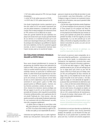 APEC – CADRES EN PME44
• 56 % de cadres exerçant en TPE n’ont pas changé
d’employeur,
• contre 50 % de cadres exerçant en PE-ME,
• et 58 % des 23 335 cadres exerçant en GE.
Une étude longitudinale montre cependant qu’un
tiers des cadres en GE sont passés auparavant par
une plus petite entreprise. La propension des cadres
à rester chez le même employeur est néanmoins forte
en TPE comme en GE en début de vie active.
Cette plus grande stabilité des plus diplômés s’ex-
plique sans doute moins par une plus grande frilosité
de ces derniers à la mobilité (d’autant qu’ils sont
censés avoir davantage d’atouts pour celle-ci) que par
les pratiques des employeurs qui préfèrent se séparer
des moins diplômés, à la fois d’un potentiel supposé
moindre, et dont le remplacement éventuel dans
l’avenir est plus aisé sur le marché de l’emploi.
–
DES ÉVOLUTIONS INTERNES POSSIBLES
MALGRÉ LA PETITE TAILLE
–
Nous avons évoqué précédemment le manque de
perspectives de mobilité interne dont pâtiraient les
cadres en PME. Certes, par déﬁnition, la petite taille
induit un nombre restreint de postes, ce qui limite les
mobilités internes, en particulier la mobilité ascen-
dante. Or, cette limite est peu exprimée par nos inter-
viewés. Au contraire, ils soulignent les évolutions
qu’ils ont connues, du moins perçues comme telles
(et plus ou moins objectives), et qui leur donnent le
sentiment d’« avoir grandi » grâce à la PME. Elles
peuvent porter sur différents aspects : insertion, sta-
tut, fonction, promotion, contenu du travail, etc.
Ainsi, titulaire d’un doctorat, Jeanne privilégie une
ME par rapport à une GE, sur les conseils de sa res-
ponsable de formation, selon laquelle les possibilités
d’insertion professionnelle y sont supérieures (les GE
ont plutôt l’habitude de « faire tourner » des sta-
giaires successifs sur des postes ﬁnalement pérennes).
Or, non seulement elle est effectivement recrutée,
mais elle y progresse rapidement :
« Je devais faire un stage de six mois [dans cette
ME], j’en ai fait qu’un : au bout de ce mois, j’ai signé
un CDD. Et au bout d’une année j’ai signé le CDI ;
et deux ans après, je suis responsable de service. »
L’évolution est signiﬁcative pour un cadre ingénieur-
docteur qui s’est pourtant « laissé porter » dans son
18. Sauf pour les cadres dont
l’entreprise d’origine emploie 250 à
999 salariés (Apec, 2015, 24).
parcours (« toute ma vie est faite de non-choix »), suite
à une scolarité « sans faire d’étincelles ». La PE qui
l’intègre en stage va l’amener non seulement à pous-
ser plus loin sa formation, mais aussi à prendre la tête
d’une business unit :
« J’ai fait mon stage de dernière année d’ingénieur
à S. [le seul employeur de son parcours], un stage
à l’issue duquel on m’a proposé une thèse en
bourse Cifre. Je la faisais, et à l’issue de ma thèse
on me proposait de m’embaucher pour monter un
service, pour exploiter une partie de la recherche
pendant ma thèse. Et de ﬁl en aiguille, j’ai eu des
opportunités, il y a eu des activités qui se sont
créées, et l’activité sur laquelle je travaillais a com-
mencé à rencontrer du succès, ça a pris une cer-
taine taille, voilà. »
Homme, 39 ans, doctorat en géologie, au-
jourd’hui responsable d’unité en ME.
Karl connaît un parcours assez comparable, de ni-
veau moins élevé de qualiﬁcation – son évolution est
aussi un peu moins rapide. La collaboration avec
l’entreprise s’est également construite bien avant
l’embauche, tout au long de la formation supérieure :
« Et j’ai fait mes deux stages à L. [ME]. Stage de
première année en juin, j’ai fait une rallonge aussi
sur ce stage parce que j’avais eu pas mal de
choses à faire et je n’avais pas eu le temps, donc
j’ai fait une prolongation de deux semaines de
stage. Donc ça m’a empiété tout le mois de juin
jusqu’à mi-juillet. Et en avril suivant, L. m’a réac-
cepté en stage, et il m’a demandé de regarder si
je pouvais faire une formation en alternance avec
eux. […] Donc j’ai fait mon année d’alternance, j’ai
obtenu ma licence. Et L., au moment de l’obten-
tion de cette licence, m’a proposé un emploi, en
tant que technicien. […] En 2007, j’ai été embau-
ché, en CDI, comme technicien de maintenance.
Et ensuite j’ai évolué, c’était janvier 2011, sur le
poste de responsable maintenance. »
Homme, 32 ans, licence professionnelle en main-
tenance industrielle et automatismes, aujourd’hui
responsable maintenance et travaux en ME.
Ces évolutions ne sont pas réservées aux diplômés de
l’enseignement supérieur dans leur(s) premier(s)
poste(s). Par exemple, Luc est titulaire d’un Bac pro.
Pendant les 15 ans passés dans sa première entre-
prise (une GE), il connaît une certaine progression.
 