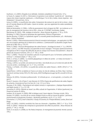 APEC – CADRES EN PME 57
Kaufmann, J.-C. (2007), L’Enquête et ses méthodes. L’entretien compréhensif, Armand Colin, 127 p.
Le Feuvre, N., Lapeyre, N. (2011), « Féminisation et aspiration à une meilleure “qualité de vie” : dynamique
majeure des classes moyennes supérieures », in Bouffartigue, P. et al. (dir.), Cadres, classes moyennes : vers
l’éclatement ?, Armand Colin, 352 p.
Leroux, N. (2005), « La qualiﬁcation des cadres. Comparaison des secteurs du sport et de la culture », Actes
de la 9e
journée d’étude du GDR Cadres « Savoirs et carrières : que nous apprennent les cadres autodidactes
et promus ? », Paris.
Mahé de Boislandelle, H. (1996), « L’effet de grossissement chez le dirigeant de PME : ses incidences sur le
plan du management des hommes et de la GRH », Actes du 3e
CIFEPME, Trois-Rivières, Québec.
Marchesnay, M. (1993), « PME, stratégie et recherche », Revue française de gestion, n° 95, p. 70-76.
Mintzberg, H. (1982), Structure et dynamique des organisations, Éditions d’Organisation.
Moulier Boutang, Y. (2007), Le Capitalisme cognitif. La nouvelle grande transformation, coll. « Multitudes/
Idées », Éditions Amsterdam.
Munier, F. (1995), « Théorie évolutionniste de la ﬁrme et innovation technologique : une application à la PME
vers une acception générique de la théorie de la cohérence », Communication au deuxième Congrès Franco-
phone de la PME, Paris, p. 775-777.
Paillat, P. (1960), « Structure démographique des cadres français », Sociologie du travail, n° 3, p. 248-249.
Payre, S. (2017), « Les PME françaises s’occupent-elles de leurs managers ? Principaux dysfonctionnements
managériaux et RH à l’origine des difﬁcultés de prise en charge d’une fonction d’encadrement », Revue de
gestion des ressources humaines, 2017/2, n° 104, p. 35-60.
Perez, C. (2009), « Pourquoi les travailleurs précaires ne participent-ils pas à la formation professionnelle
continue ? », Formation emploi, n° 105, p. 5-19.
Perret, C. et Roux, V. (2004), « La mobilité géographique en début de carrière : un moteur de réussite ? »,
Formation emploi, n° 87, p. 45-62.
Pralong, J. (2012), « La carrière, une aventure et son héros : trois études de cas sur la notion de cadre de réfé-
rence de carrière », Carriérologie, vol. 12, n° 3-4, p. 523-539.
Pralong, J. et Peretti, J. M. (2014), « La qualité des carrières des cadres français », @GRH, 2014/4, n° 13,
p. 75-101.
Quézel-Perron, I. (2012), Le diplôme en France ou le retour du titre de noblesse, Les Échos, http://archives.
lesechos.fr/archives/cercle/2012/01/09/cercle_42027.htm#kgmeumcsugqi1qzt.99, consulté le 20 mars
2016.
Rabreau, M. (2016), « Formation professionnelle : 32 milliards par an… si mal exploités », Le ScanEco, leﬁ-
garo.fr
Rivard, P., Saussois, J.-M. et Tripier, P., avec Marzouk, B. (1979), L’Espace des qualiﬁcations des cadres, Rapport
de recherche, Universités de Paris X et Paris VII, 2 vol., 317 p. et 150 p.
Rousseau, D. M. (1989), « Psychological and implied contracts in organizations », Employee Responsibilities
and Rights Journal, n° 2, p. 121-139.
Sainsaulieu R. (2014), L’Identité au travail. Les effets culturels de l’organisation, 4e
édition (posthume), Les
Presses de Sciences Po, 604 p.
Sandeau, M. et Lasserre, H. (2005), PME et dialogue social. Savoir négocier, Chronique sociale, 230 p.
Sanséau, P-Y. (2005), « Les récits de vie comme stratégie d’accès au réel en sciences de gestion : pertinence,
positionnement et perspectives d’analyse », Recherches qualitatives, vol.25, n°2, p. 33-57.
Schumacher, E. F. (1973), Small Is Beautiful. A Study of Economics As If People Mattered, Londres, Blond and
Briggs.
Tardy, J. N. (2007), « Visibilité, invisibilité. Voir, faire voir, dissimuler », Hypothèses, 2007/1, n° 10, p. 15-24.
Torrès, O. (2003), « Petitesse des entreprises et grossissement des effets de proximité », Revue française de
gestion, n° 144, p. 119-138.
Torrès, O. et Jaouen, A. (2008), Les Très Petites Entreprises. Un management de proximité, Hermès Lavoisier,
378 p.
 