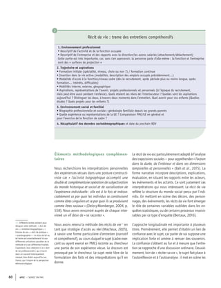APEC – CADRES EN PME60
Éléments méthodologiques complémen-
taires
Nous recherchions les interprétations personnelles
des expériences vécues dans une posture constructi-
viste car « l’activité biographique accomplit une
double et complémentaire opération de subjectivation
du monde historique et social et de socialisation de
l’expérience individuelle : elle est à la fois et indisso-
ciablement ce par quoi les individus se construisent
comme êtres singuliers et ce par quoi ils se produisent
comme êtres sociaux » (Delory-Momberger, 2004, p.
558). Nous avons rencontré auprès de chaque inter-
viewé un vif désir de « se raconter ».
Nous avons retenu la méthode des récits de vie22
en
tant que stratégie d’accès au réel (Wacheux, 2005),
à savoir une forme particulière d’entretien (narratif
et compréhensif), au cours duquel le sujet (cadre exer-
çant ou ayant exercé en PME) raconte au chercheur
une partie de son expérience vécue. Le discours est
provoqué par le chercheur. Le sujet reste libre de la
formulation des faits et des interprétations qu’il en
donne.
Le récit de vie est particulièrement adapté à l’analyse
des trajectoires sociales – pour appréhender « l’action
dans la durée, de l’intérieur et dans ses dimensions
temporelles et personnelles » (Bah et al., 2015). La
forme narrative incorpore descriptions, explications,
évaluation, en situant les rapports entre les acteurs,
les événements et les actants. Ce sont justement ces
interprétations qui nous intéressent. Le récit de vie
reﬂète la structure du monde social perçu par l’indi-
vidu. En mettant en scène des décors, des person-
nages, des événements, les récits de vie font émerger
le rôle de certaines variables oubliées dans les en-
quêtes statistiques, ou de certains processus insaisis-
sables par ce type d’enquête (Bertaux, 2016).
L’approche longitudinale est importante à plusieurs
titres. Premièrement, elle permet d’établir un lien de
conﬁance avec le sujet, car parler de soi suppose une
implication forte et amène à remuer des souvenirs.
La conﬁance s’obtient au fur et à mesure que l’entre-
tien se rapproche d’une discussion ordinaire. Deuxiè-
mement, loin de « réciter sa vie », le sujet fait place à
l’autoréﬂexion et à l’autoanalyse : il met en scène les
1. Environnement professionnel
• Descriptif de l’activité et de la fonction occupée
• Descriptif de l’entreprise et des rapports avec la direction/les autres salariés (attachement/détachement)
Cette partie est très importante, car, sans s’en apercevoir, la personne parle d’elle-même : la fonction et l’entreprise
sont des « surfaces de projection »
2. Trajectoire et aspirations
• Formation initiale (spécialité, niveau, choix ou non ?) / formation continue
• Insertion dans la vie active (modalités, description des emplois occupés précédemment…)
• Modalités d’accès à la fonction/niveau cadre (dès le recrutement, après période plus ou moins longue, après
formation… intérêts, difficultés)
• Mobilités interne, externe, géographique
• Aspirations, représentations de l’avenir, projets professionnels et personnels (à l’époque du recrutement,
mais peut-être aussi pendant l’enfance). Quels étaient les rêves de l’interlocuteur ? Quelles sont les aspirations
aujourd’hui ? Distinguer les deux, à travers deux moments dans l’entretien. Quel avenir pour vos enfants (Quelles
études ? Quels projets pour les enfants ?)
3. Environnement social et familial
• Biographie professionnelle et sociale ; généalogie familiale depuis les grands-parents
• Quelle expérience ou représentations de la GE ? Comparaison PME/GE en général et
pour l’exercice de la fonction de cadre ?
4. Récapitulatif des données sociodémographiques et date du prochain RDV
Récit de vie : trame des entretiens compréhensifs
22. Différents termes existent pour
désigner cette méthode : « récit de
vie », « entretien biographique », «
histoire de vie », « récit de pratique »,
« autobiographie » – le choix de tel ou
tel terme est essentiellement lié aux
différentes utilisations possibles de la
méthode et à ses différentes ﬁnalités.
Cependant, nous retenons ici le « récit
de vie professionnelle » qui s’inscrit
dans un courant historiquement
marqué, bien établi aujourd’hui en
France, qui s’inspire de la perspective
ethnosociologique.
2
 