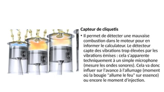 Capteur de cliquetis
• Il permet de détecter une mauvaise
combustion dans le moteur pour en
informer le calculateur. Le détecteur
capte des vibrations trop élevées par les
vibrations émises : cela s'apparente
techniquement à un simple microphone
(mesure les ondes sonores). Cela va donc
influer sur l'avance à l'allumage (moment
où la bougie "allume le feu" sur essence)
ou encore le moment d'injection.
 