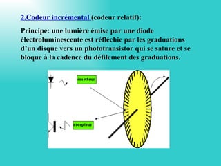 2.Codeur incrémental (codeur relatif):
Principe: une lumière émise par une diode
électroluminescente est réfléchie par les graduations
d’un disque vers un phototransistor qui se sature et se
bloque à la cadence du défilement des graduations.
 