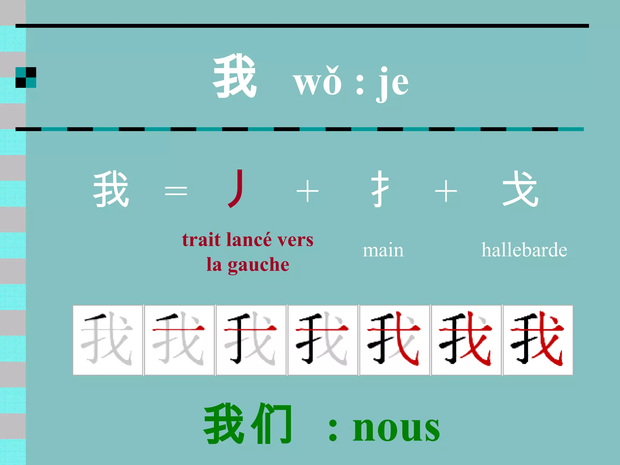 我 wǒ : je
我 = 丿 + 扌 + 戈
trait lancé vers main hallebarde
la gauche
我们 : nous