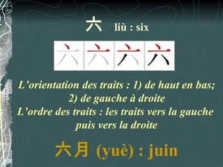 六      liù : six




L’orientation des traits : 1) de haut en bas;
           2) de gauche à droite
L’ordre des traits : les traits vers la gauche
             puis vers la droite

        六月 (yuè) : juin
 