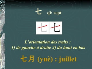 七     qī: sept




       L’orientation des traits :
1) de gauche à droite 2) du haut en bas

    七月 (yuè) : juillet
 