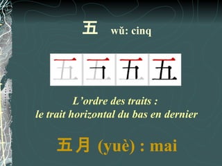 五      wǔ: cinq




          L’ordre des traits :
le trait horizontal du bas en dernier


    五月 (yuè) : mai
 