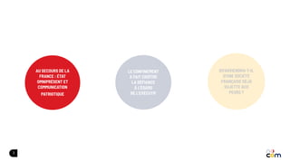 3
QU’ADVIENDRA-T-IL
D’UNE SOCIÉTÉ
FRANÇAISE DÉJÀ
SUJETTE AUX
PEURS ?
AU SECOURS DE LA
FRANCE : ÉTAT
OMNIPRÉSENT ET
COMMUNICATION
PATRIOTIQUE
LE CONFINEMENT
A FAIT CROÎTRE
LA DÉFIANCE
À L'ÉGARD
DE L'EXÉCUTIF
 