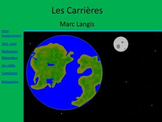 Les Carrières
                   Marc Langis
Intro
Enregistrement

Tech. sons

Réalisateur
Réparateur

Jeu vidéo

Conclusion

Bibliographie
 