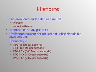 Histoire Les premières cartes dédiées au PC Hercule en noir et blanc  Première carte 3D par 3Dfx L'affichage couleur est réellement utilisé depuis les premiers 286. Connectique ISA ( 16 Mo par seconde) PCI (133 Mo par seconde  l'AGP 2X (500 Mo par seconde)  l'AGP 4X (1 Go par seconde)  l'AGP 8X (2 Go par seconde)  