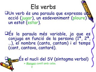 Els verbs
Un verb és una paraula que expressa una
acció (jugar), un esdeveniment (ploure) o
un estat (estar).
És la paraula més variable, ja que es
conjuga en funció de la persona (1ª, 2ª,
…), el nombre (canta, cantam) i el temps
(cant, cantava, cantaré).
 És el nucli del SV (sintagma verbal)
» Mengen conill amb ceba.
V
 