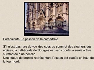 Particularité:   le pélican de la cathédrale S’il n’est pas rare de voir des coqs au sommet des clochers des églises, la cathédrale de Bourges est sans doute la seule à être surmontée d’un pélican. Une statue de bronze représentant l’oiseau est placée en haut de la tour nord. 