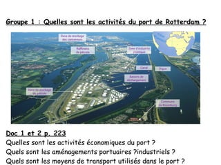 Groupe 1 : Quelles sont les activités du port de Rotterdam ?




Doc 1 et 2 p. 223
Quelles sont les activités économiques du port ?
Quels sont les aménagements portuaires ?industriels ?
Quels sont les moyens de transport utilisés dans le port ?
 