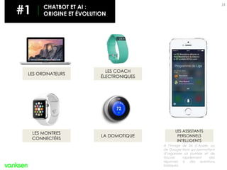 18
LES MONTRES
CONNECTÉES
LES COACH
ÉLECTRONIQUES
LES ORDINATEURS
LA DOMOTIQUE
LES ASSISTANTS
PERSONNELS
INTELLIGENTS
A l’image de Siri d’Apple, ou
de Google Now qui permettent
d’organiser sa journée et de
trouver rapidement des
réponses à des questions
basiques.
#1 CHATBOT ET AI :
ORIGINE ET ÉVOLUTION
 