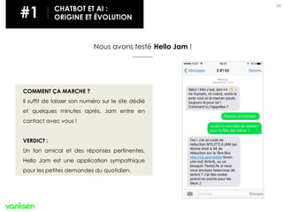 34
Nous avons testé Hello Jam !
COMMENT ÇA MARCHE ?
Il suffit de laisser son numéro sur le site dédié
et quelques minutes après, Jam entre en
contact avec vous !
VERDICT :
Un ton amical et des réponses pertinentes,
Hello Jam est une application sympathique
pour les petites demandes du quotidien.
#1 CHATBOT ET AI :
ORIGINE ET ÉVOLUTION
 