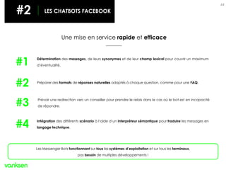 44
#2 LES CHATBOTS
Une mise en service rapide et efficace
#2 LES CHATBOTS FACEBOOK
Les Messenger Bots fonctionnant sur tous les systèmes d’exploitation et sur tous les terminaux,
pas besoin de multiples développements !
Détermination des messages, de leurs synonymes et de leur champ lexical pour couvrir un maximum
d’éventualité.
Préparer des formats de réponses naturelles adaptés à chaque question, comme pour une FAQ.
Prévoir une redirection vers un conseiller pour prendre le relais dans le cas où le bot est en incapacité
de répondre.
Intégration des différents scénario à l’aide d’un interpréteur sémantique pour traduire les messages en
langage technique.
#1
#2
#3
#4
 