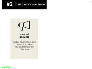 53
PUBLICITÉ
QUALIFIÉE
Puisque la première prise
de contact vient
nécessairement de
l’utilisateur.
#2 LES CHATBOTS FACEBOOK
 
