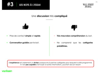 73
#3 LES BOTS À L’ESSAI
Une discussion très compliqué
+ Prise de contact simple et rapide.
+ Conversation guidée par le bot.
− Très mauvaise compréhension du bot.
− Ne comprend que les catégories
prédéfinies.
L’expérience est clairement un échec puisque mis à part les catégories pour lesquels il a été programmé,
il n’est pas capable d’envoyer d’autres informations, pourtant de son ressort.
 
