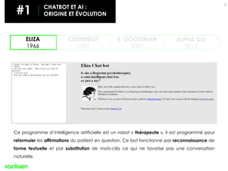 9
ELIZA
1966
CLEVERBOT
1997
ALPHA GO
2015
E. GOOSTMAN
2001
Ce programme d’intelligence artificielle est un robot « thérapeute ». Il est programmé pour
reformuler les affirmations du patient en question. Ce bot fonctionne par reconnaissance de
forme textuelle et par substitution de mots-clés ce qui ne favorise pas une conversation
naturelle.
#1 CHATBOT ET AI :
ORIGINE ET ÉVOLUTION
 